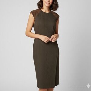 Ralph Lauren Black Label Brown Tweed Suede Cap Sleeve Sheath Midi Dress Size 12